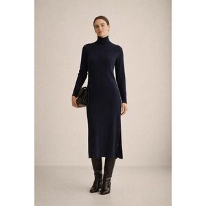 Quince 100% Cashmere Turtleneck Midi Dress True Navy M NWT